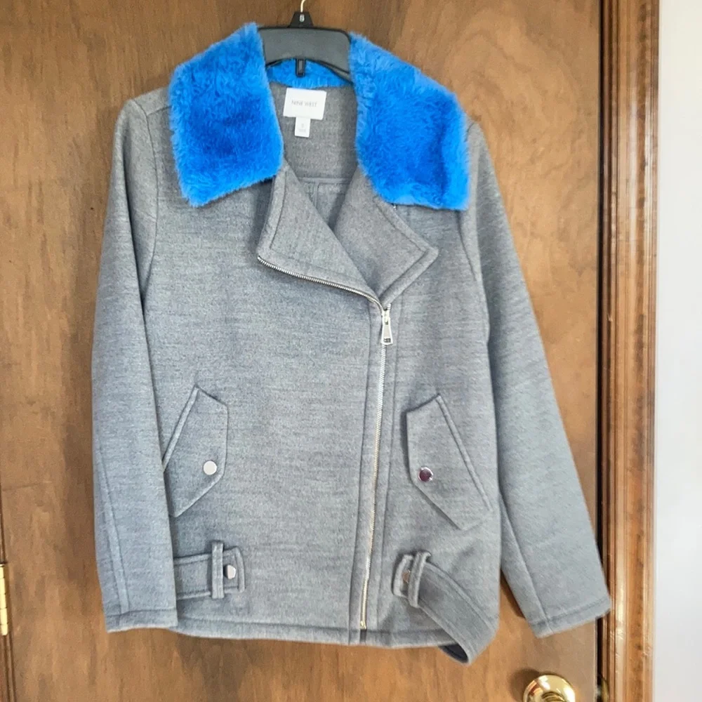 Nine West coat faux fur collar blue collar gray coat moto like style S - Picture 12 of 17